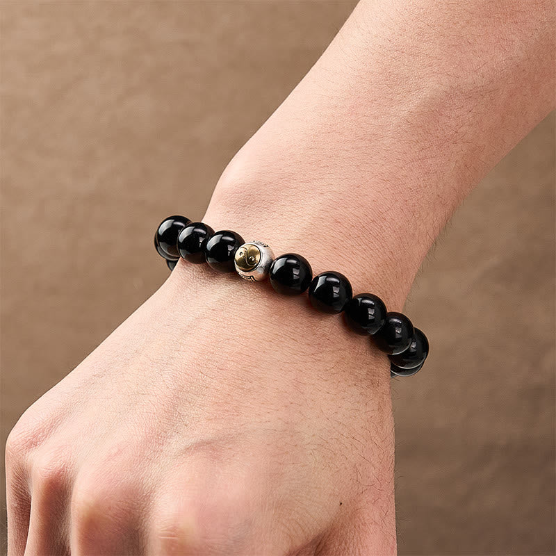Buddha Stones 黒曜石の陰陽バランス ヴィンテージ ラウンドビーズブレスレット - image 5