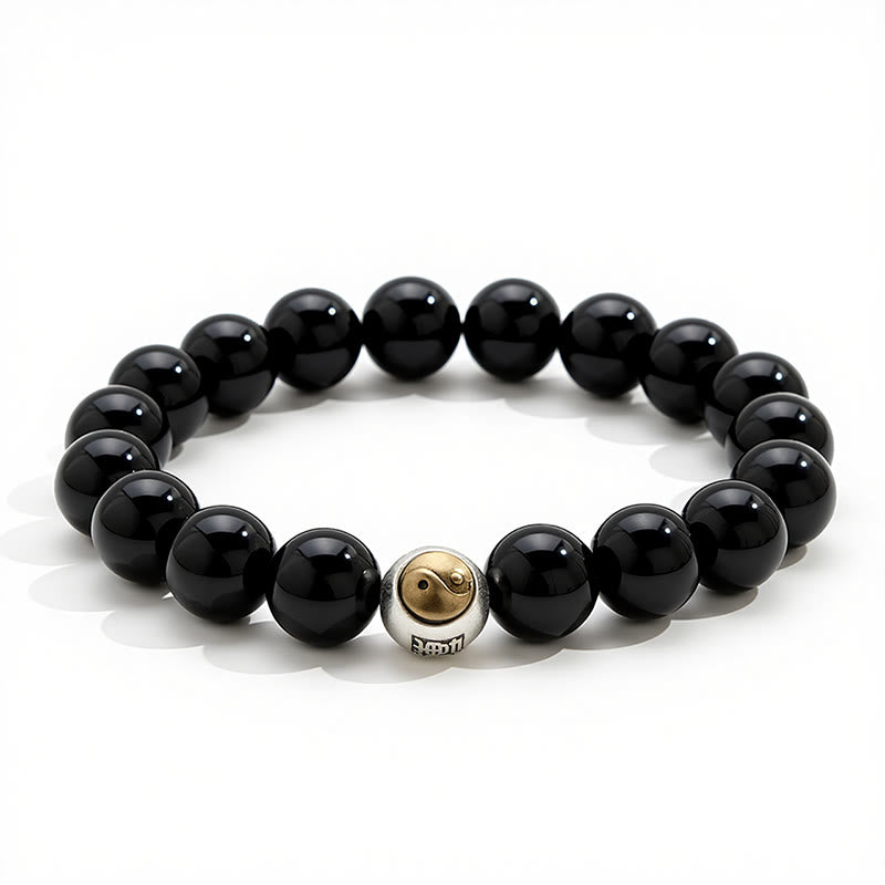Buddha Stones 黒曜石の陰陽バランス ヴィンテージ ラウンドビーズブレスレット - image 2