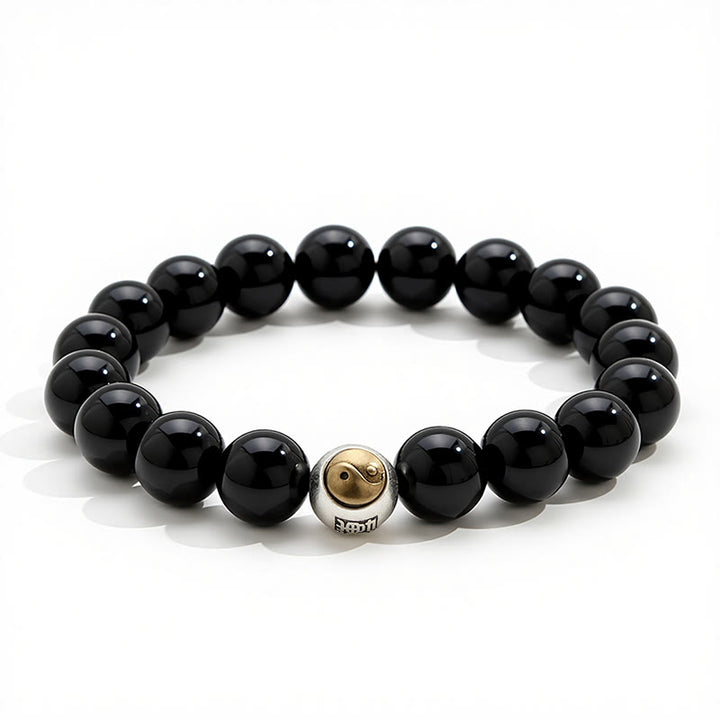 Buddha Stones 黒曜石の陰陽バランス ヴィンテージ ラウンドビーズブレスレット - image 2
