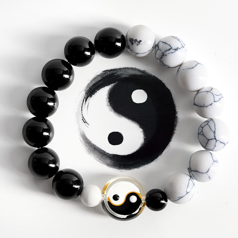 Buddha Stones Liuli ガラス製平型ビーズ陰陽バランス ラウンドビーズブレスレット - 陰陽（ハーモニー♥バランス） - image 0