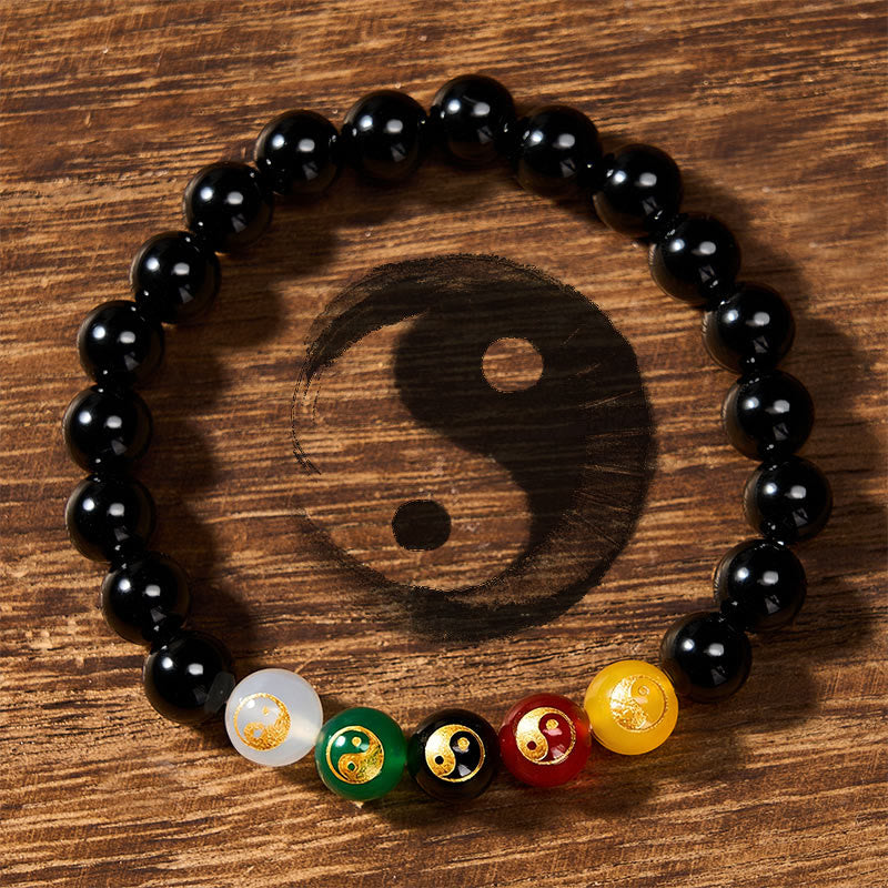 Buddha Stones ブラックオニキスの陰陽ピュリティハンドポリッシュラウンドビーズブレスレット - 陰陽（ハーモニー♥バランス） - ブラックオニキス（守護♥幸運繁栄） - image 0