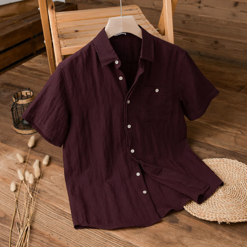 Buddha Stones 夏物カジュアルミニマリストパッチポケット無地メンズ半袖シャツ - マルーン - US/UK/AU42, EU52 （3XL） - image 6