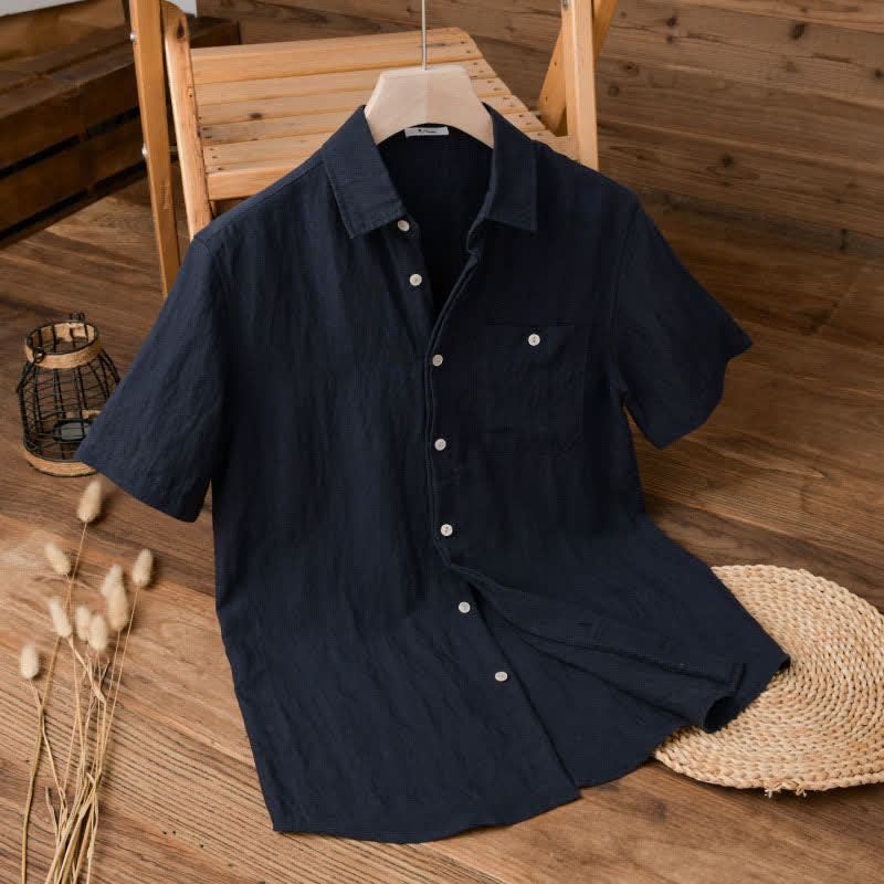 Buddha Stones 夏物カジュアルミニマリストパッチポケット無地メンズ半袖シャツ - 海軍 - US/UK/AU42, EU52 （3XL） - image 0