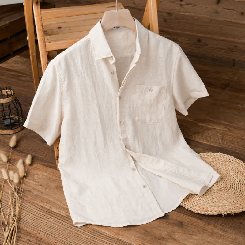 Buddha Stones 夏物カジュアルミニマリストパッチポケット無地メンズ半袖シャツ - リネン - US/UK/AU42, EU52 （3XL） - image 11