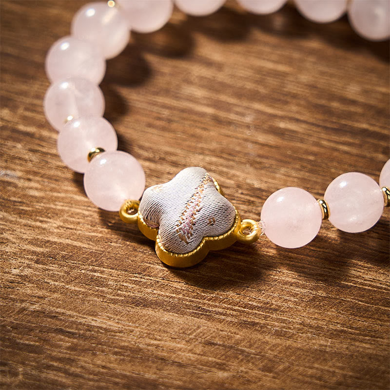 Buddha Stones ローズクォーツの歌錦織 四つ葉のクローバー良縁祈願ハンドメイド チャームブレスレット - image 3