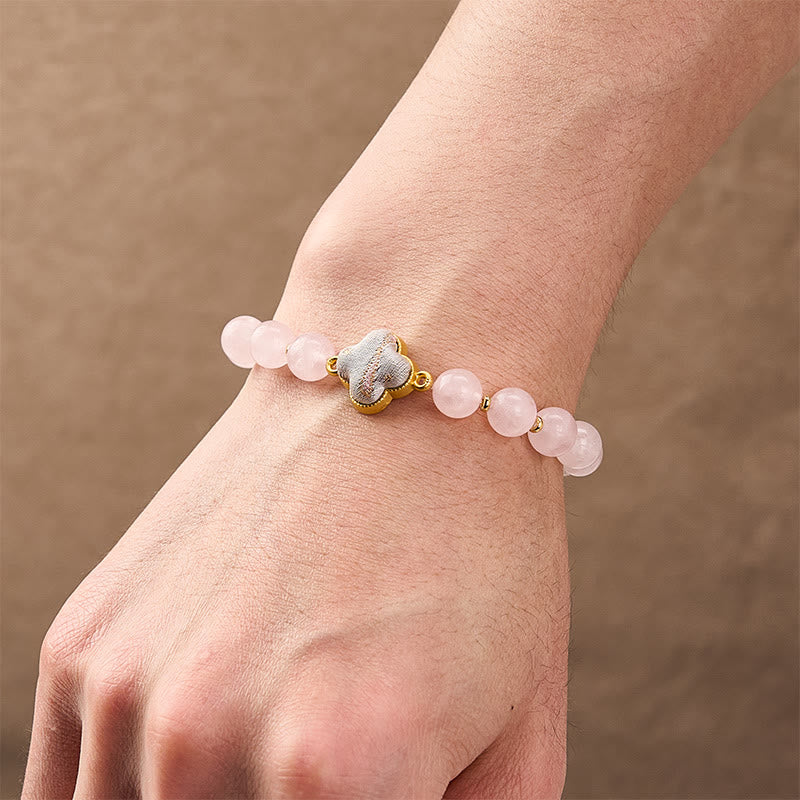 Buddha Stones ローズクォーツの歌錦織 四つ葉のクローバー良縁祈願ハンドメイド チャームブレスレット - image 4