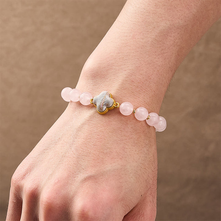 Buddha Stones ローズクォーツの歌錦織 四つ葉のクローバー良縁祈願ハンドメイド チャームブレスレット - image 4
