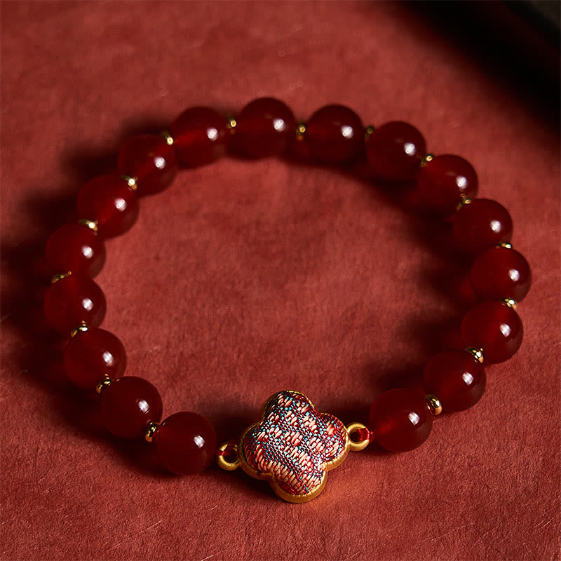 Buddha Stones 赤瑪瑙の歌錦四つ葉のクローバー良縁祈願チャームブレスレット - image 2
