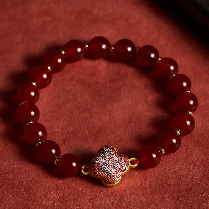 Buddha Stones 赤瑪瑙の歌錦四つ葉のクローバー良縁祈願チャームブレスレット - image 2