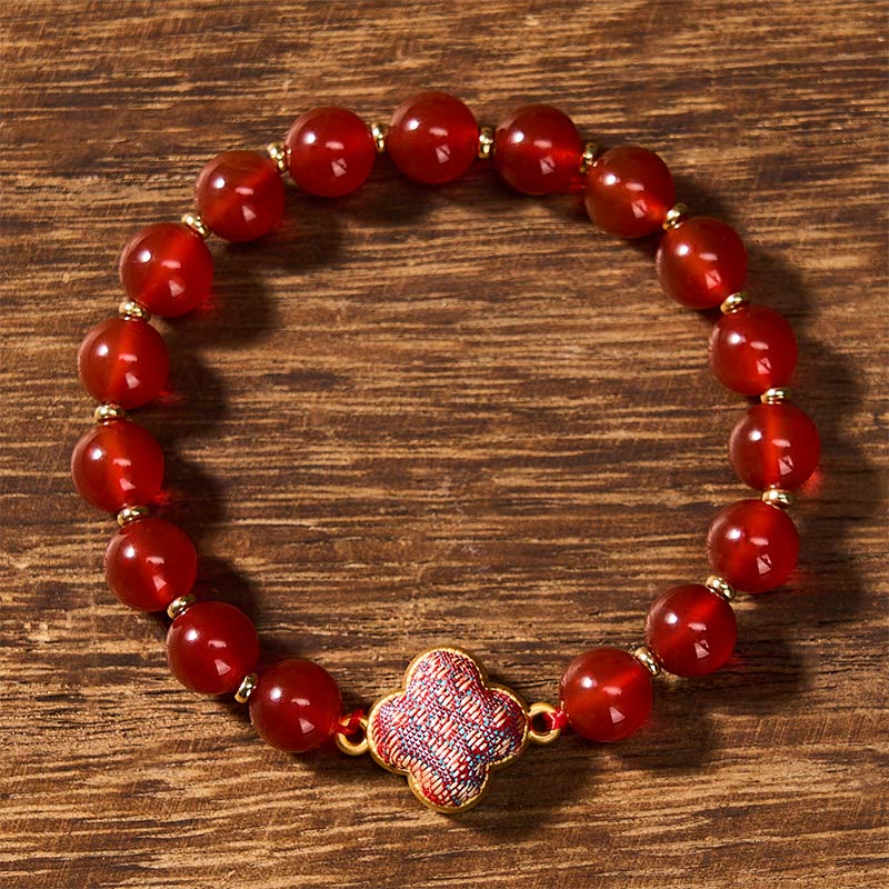 Buddha Stones 赤瑪瑙の歌錦四つ葉のクローバー良縁祈願チャームブレスレット - image 1