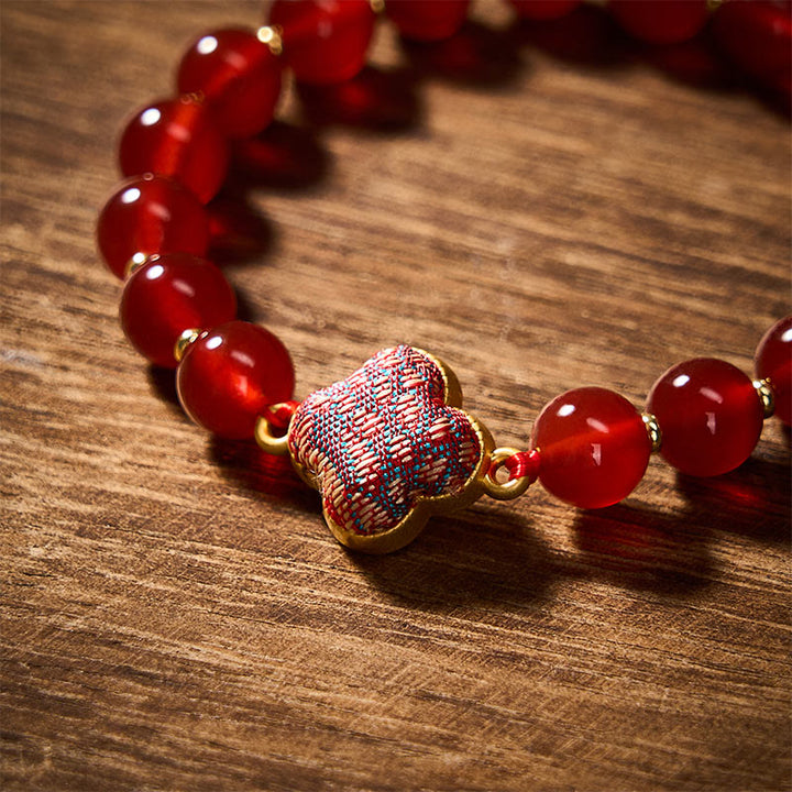 Buddha Stones 赤瑪瑙の歌錦四つ葉のクローバー良縁祈願チャームブレスレット - image 4