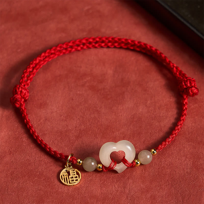 Buddha Stones 和田玉ハートリング福字守護ブレスレット - 天然翡翠（色味は個体差があります） - image 0
