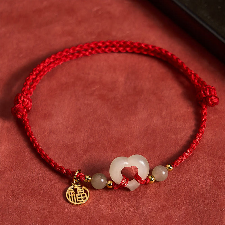 Buddha Stones 和田玉ハートリング福字守護ブレスレット - 天然翡翠（色味は個体差があります） - image 0
