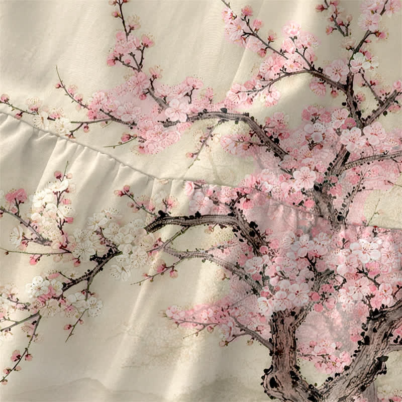 Buddha Stones 夏用カジュアル桃の花と鹿の風景柄レディースサマーノースリーブミディドレス（ポケット付き） - image 1