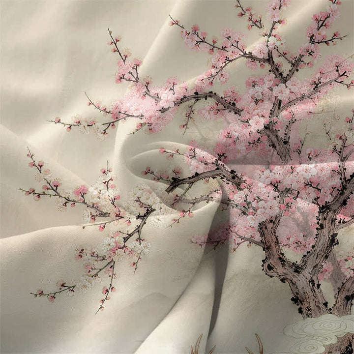Buddha Stones 夏用カジュアル桃の花と鹿の風景柄レディースサマーノースリーブミディドレス（ポケット付き） - image 3