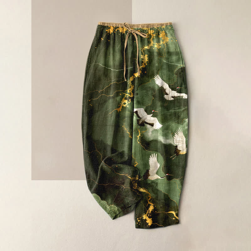 Buddha Stones 純綿素材、エレガントな白鶴柄、金色の模様、ウエストゴム、ポケット付きレディースパンツ - ダークオリーブグリーン - US16、 UK/AU20、 EU48 (3XL) - image 4