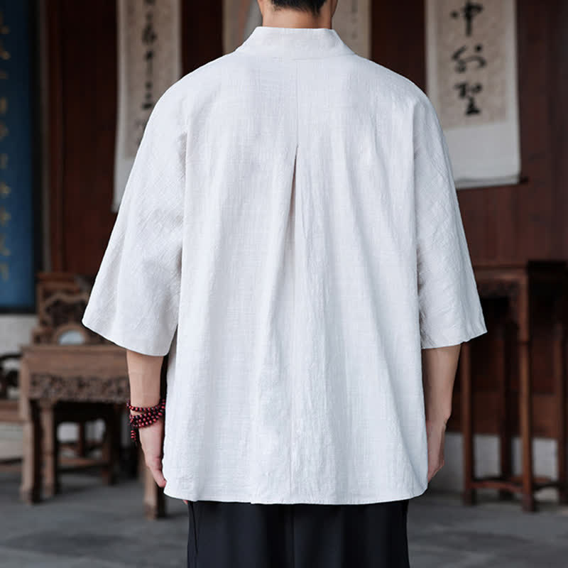 Buddha Stones 春夏向け唐風ミニマルパンコウ無地メンズ肘丈シャツ - image 20