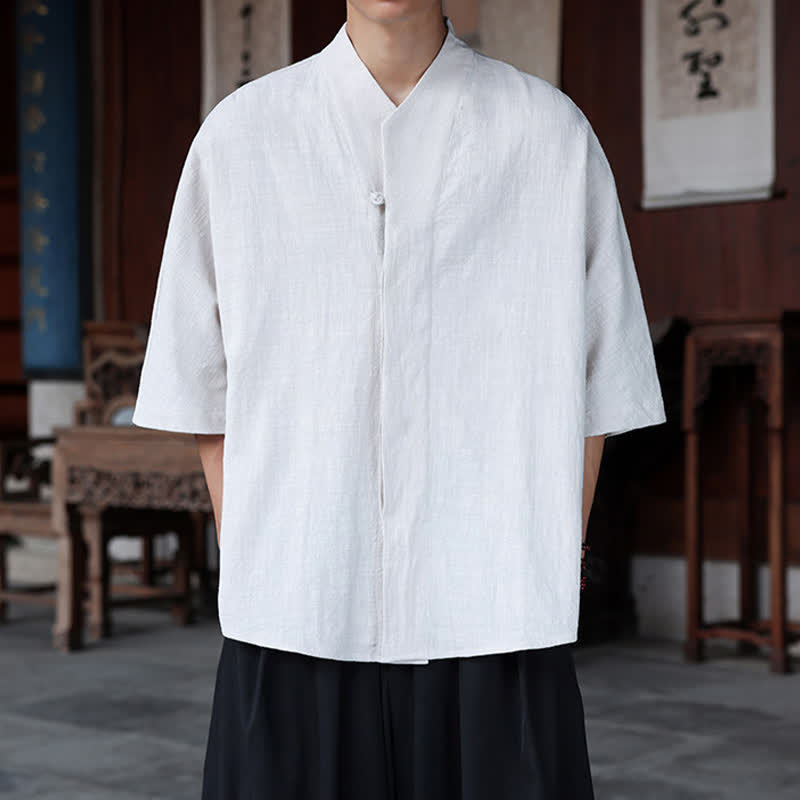 Buddha Stones 春夏向け唐風ミニマルパンコウ無地メンズ肘丈シャツ - ホワイトスモーク - US/UK/AU46、 EU56 (5XL) - image 17