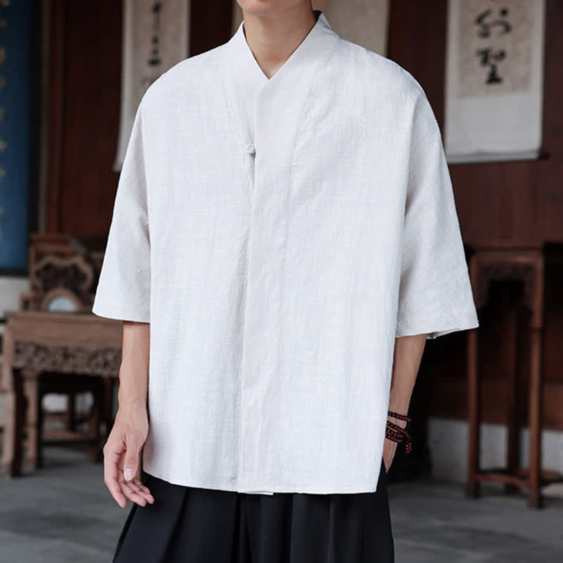 Buddha Stones 春夏向け唐風ミニマルパンコウ無地メンズ肘丈シャツ - image 18