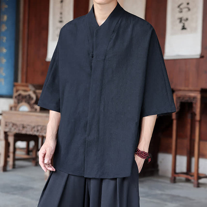 Buddha Stones 春夏向け唐風ミニマルパンコウ無地メンズ肘丈シャツ - image 11
