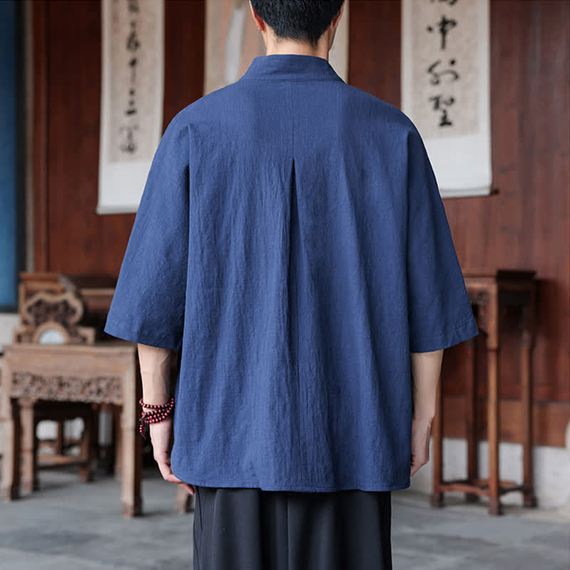 Buddha Stones 春夏向け唐風ミニマルパンコウ無地メンズ肘丈シャツ - image 3