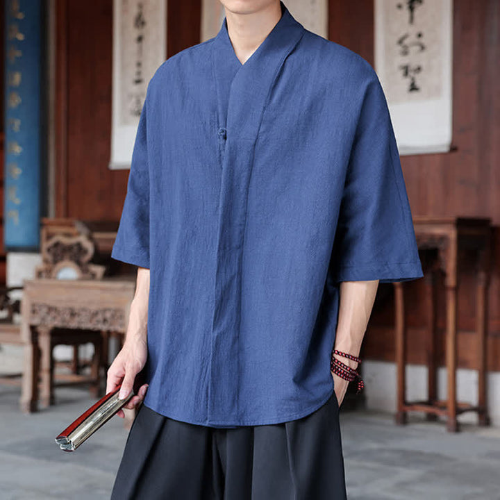 Buddha Stones 春夏向け唐風ミニマルパンコウ無地メンズ肘丈シャツ - image 7
