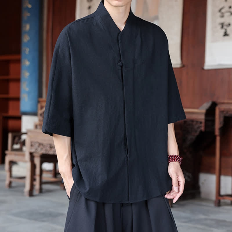 Buddha Stones 春夏向け唐風ミニマルパンコウ無地メンズ肘丈シャツ - image 10