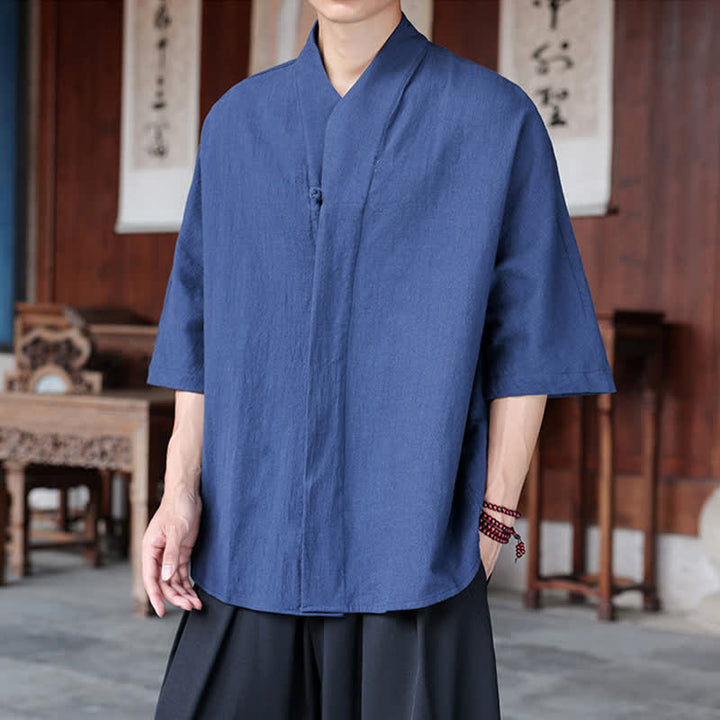 Buddha Stones 春夏向け唐風ミニマルパンコウ無地メンズ肘丈シャツ - image 5