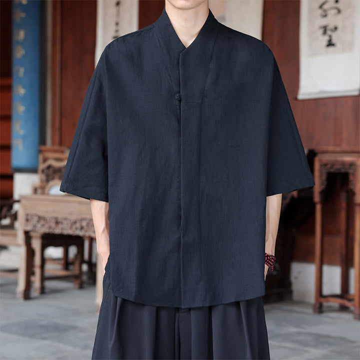 Buddha Stones 春夏向け唐風ミニマルパンコウ無地メンズ肘丈シャツ - 黒 - US/UK/AU46、 EU56 (5XL) - image 9