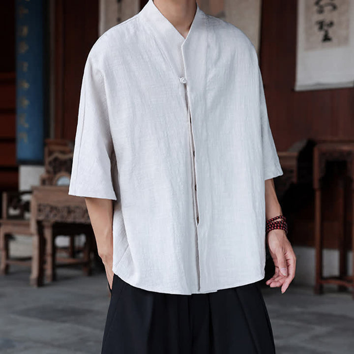 Buddha Stones 春夏向け唐風ミニマルパンコウ無地メンズ肘丈シャツ - image 19