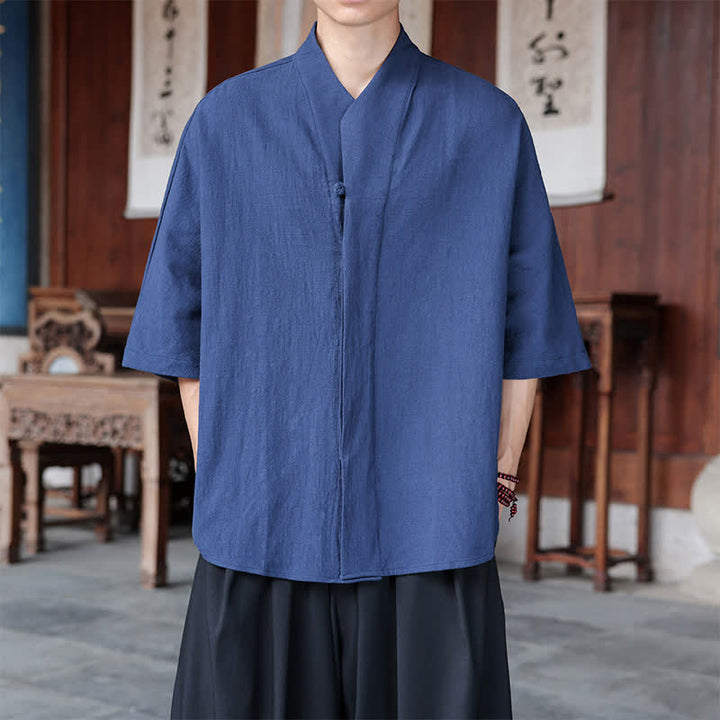 Buddha Stones 春夏向け唐風ミニマルパンコウ無地メンズ肘丈シャツ - スチールブルー - US/UK/AU46、 EU56 (5XL) - image 0