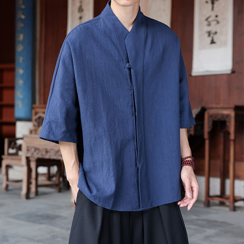 Buddha Stones 春夏向け唐風ミニマルパンコウ無地メンズ肘丈シャツ - image 2