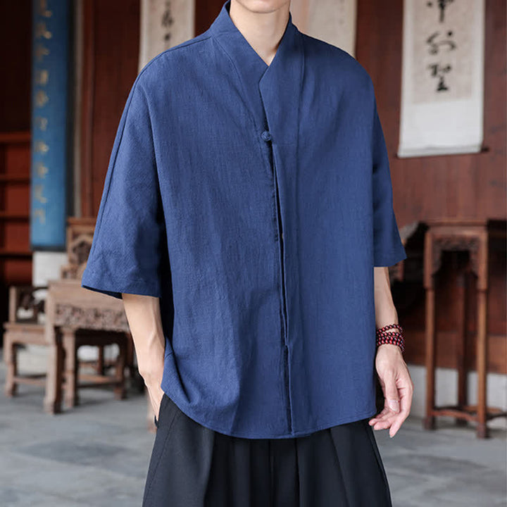 Buddha Stones 春夏向け唐風ミニマルパンコウ無地メンズ肘丈シャツ - image 2