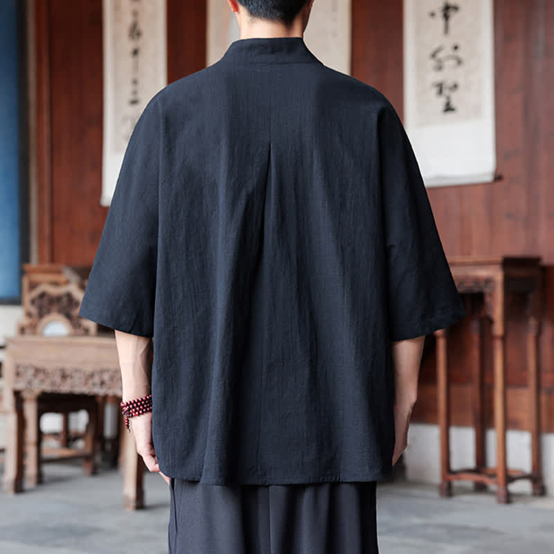 Buddha Stones 春夏向け唐風ミニマルパンコウ無地メンズ肘丈シャツ - image 12