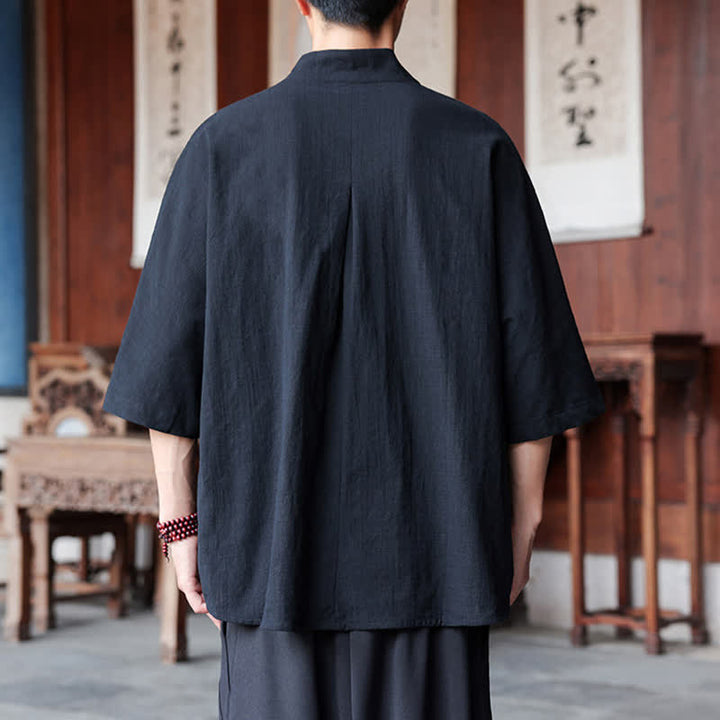 Buddha Stones 春夏向け唐風ミニマルパンコウ無地メンズ肘丈シャツ - image 12