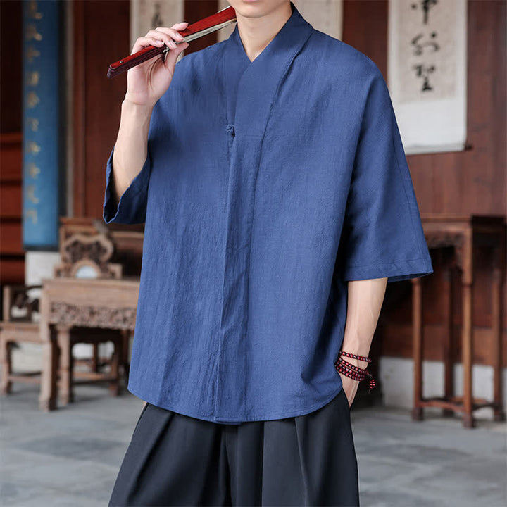 Buddha Stones 春夏向け唐風ミニマルパンコウ無地メンズ肘丈シャツ - image 1