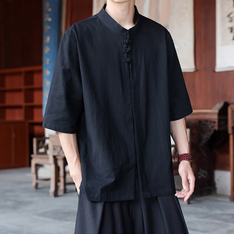 Buddha Stones 春夏向け唐風カジュアルカエルボタン無地コットンリネンメンズ肘丈袖シャツ - image 10