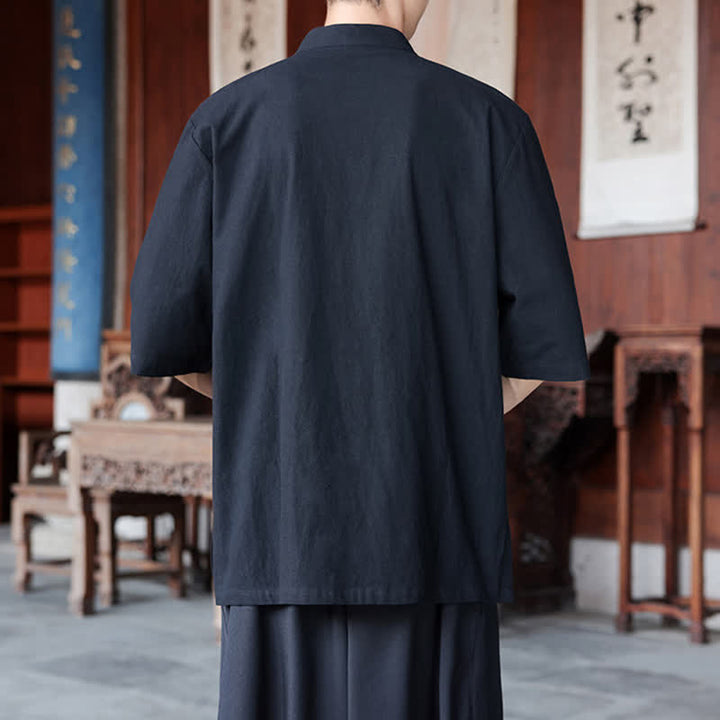 Buddha Stones 春夏向け唐風カジュアルカエルボタン無地コットンリネンメンズ肘丈袖シャツ - image 13