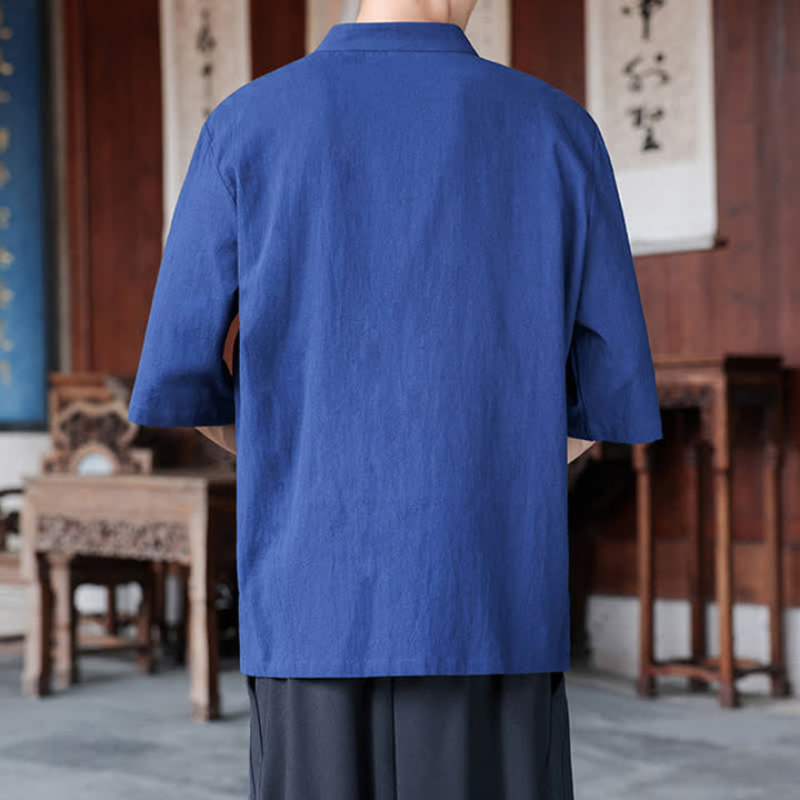 Buddha Stones 春夏向け唐風カジュアルカエルボタン無地コットンリネンメンズ肘丈袖シャツ - image 3