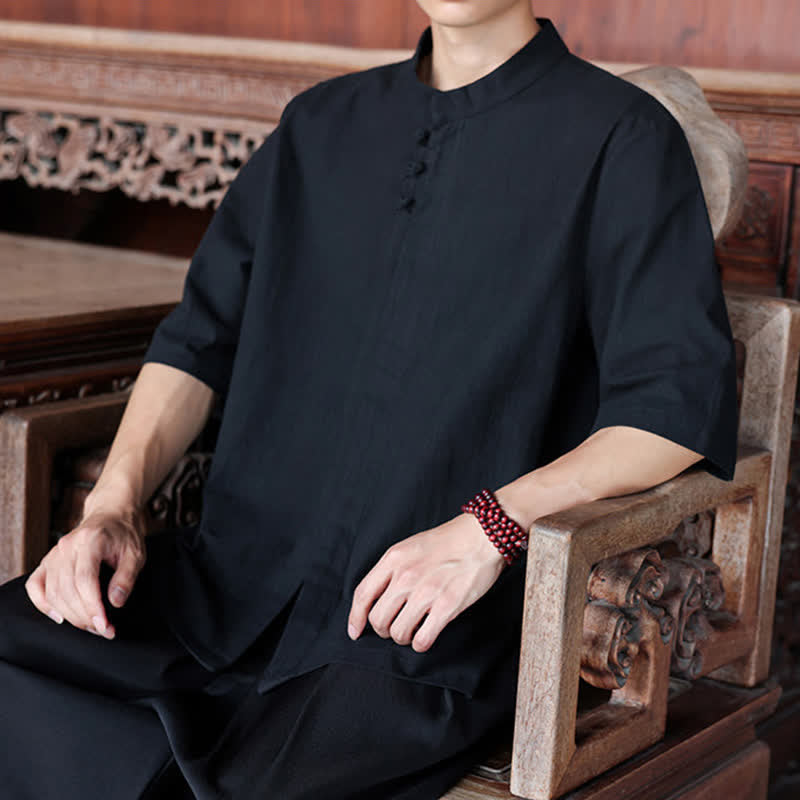 Buddha Stones 春夏向け唐風カジュアルカエルボタン無地コットンリネンメンズ肘丈袖シャツ - image 17