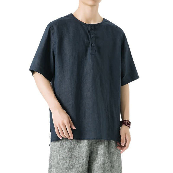 Buddha Stones 春夏カジュアルミニマリストボタンアップ無地メンズ半袖シャツ - image 23