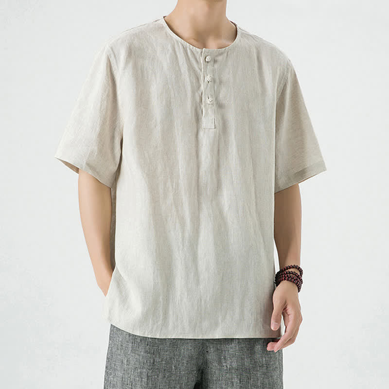 Buddha Stones 春夏カジュアルミニマリストボタンアップ無地メンズ半袖シャツ - リネン - US/UK/AU46、 EU56 (5XL) - image 0