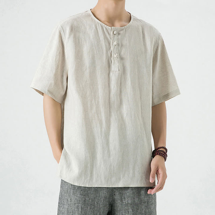 Buddha Stones 春夏カジュアルミニマリストボタンアップ無地メンズ半袖シャツ - リネン - US/UK/AU46、 EU56 (5XL) - image 0