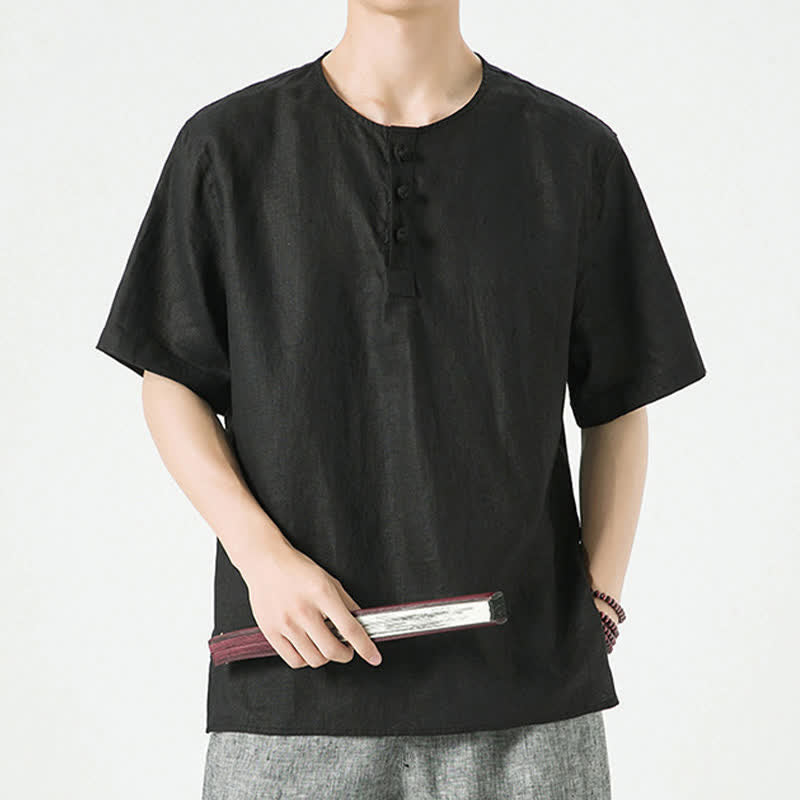 Buddha Stones 春夏カジュアルミニマリストボタンアップ無地メンズ半袖シャツ - 黒 - US/UK/AU46、 EU56 (5XL) - image 8