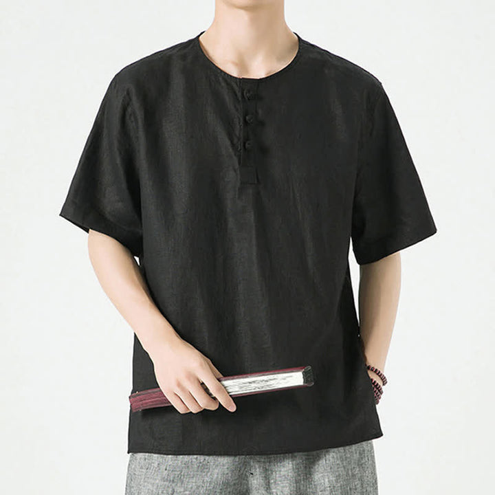 Buddha Stones 春夏カジュアルミニマリストボタンアップ無地メンズ半袖シャツ - 黒 - US/UK/AU46、 EU56 (5XL) - image 8