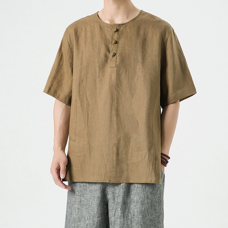 Buddha Stones 春夏カジュアルミニマリストボタンアップ無地メンズ半袖シャツ - タン - US/UK/AU46、 EU56 (5XL) - image 30