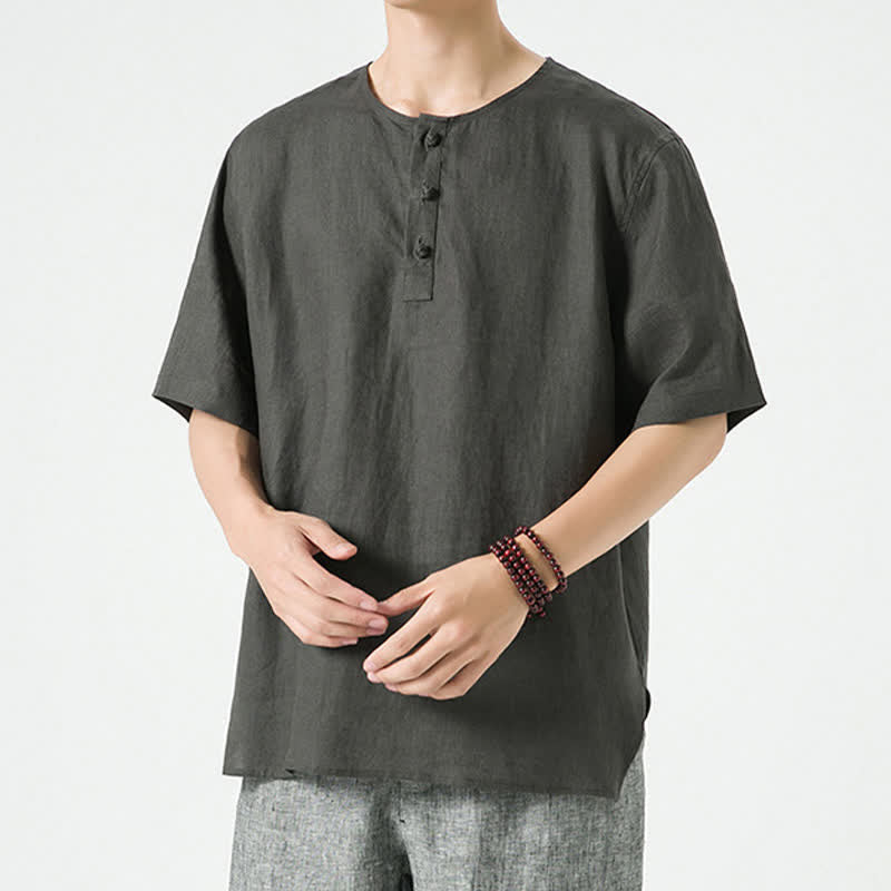 Buddha Stones 春夏カジュアルミニマリストボタンアップ無地メンズ半袖シャツ - image 18