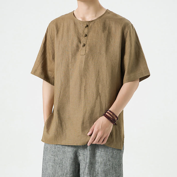 Buddha Stones 春夏カジュアルミニマリストボタンアップ無地メンズ半袖シャツ - image 35