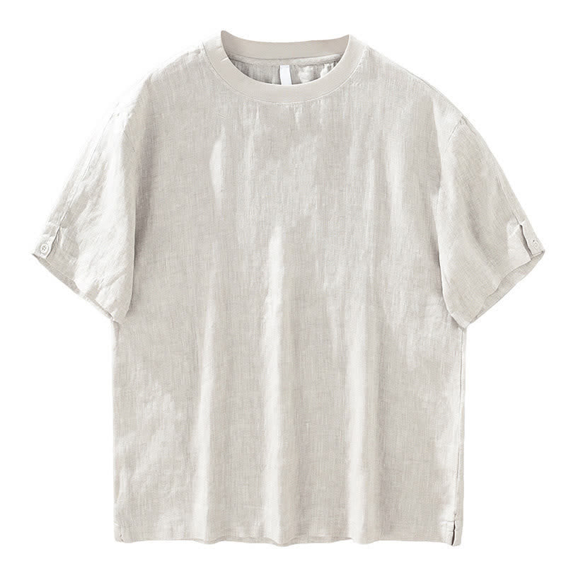 Buddha Stones 夏物カジュアルミニマリスト無地リネンクルーネックメンズ半袖Tシャツ - image 3