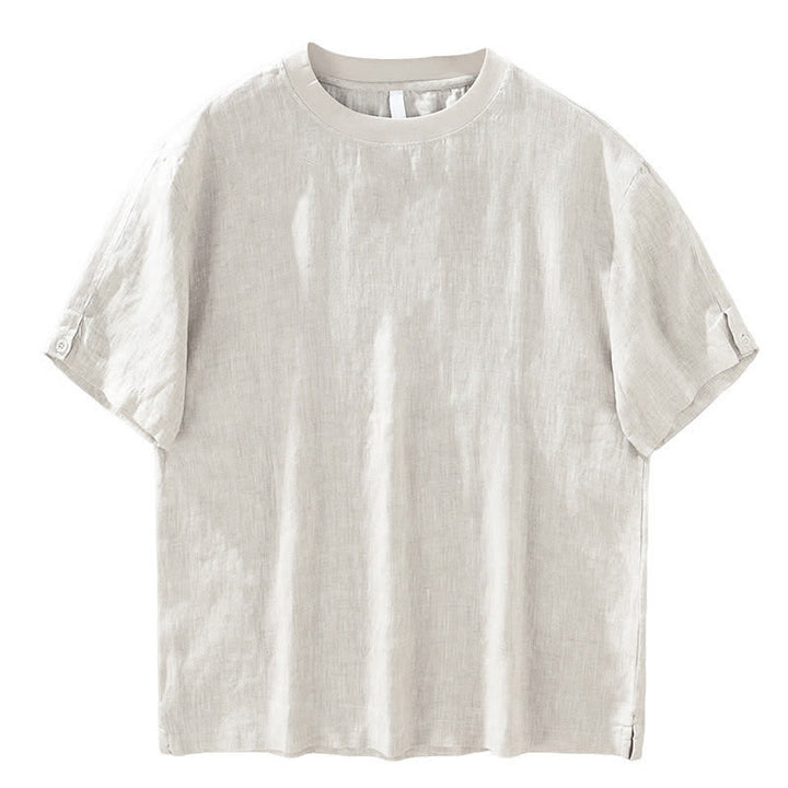 Buddha Stones 夏物カジュアルミニマリスト無地リネンクルーネックメンズ半袖Tシャツ - image 3